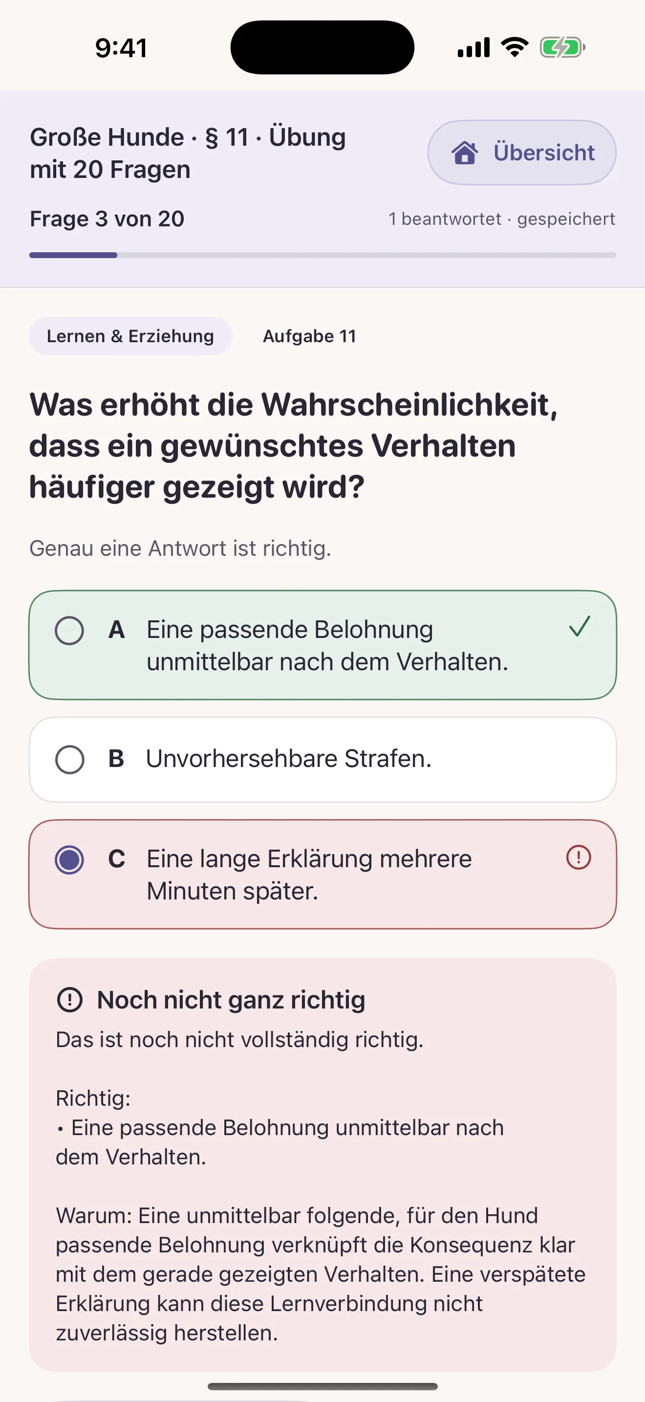 Sachkunde app: practice question with immediate feedback